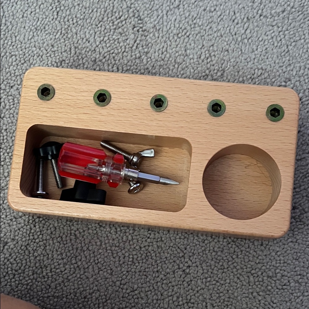 Wooden Tool Holder with Red Screwdriver
